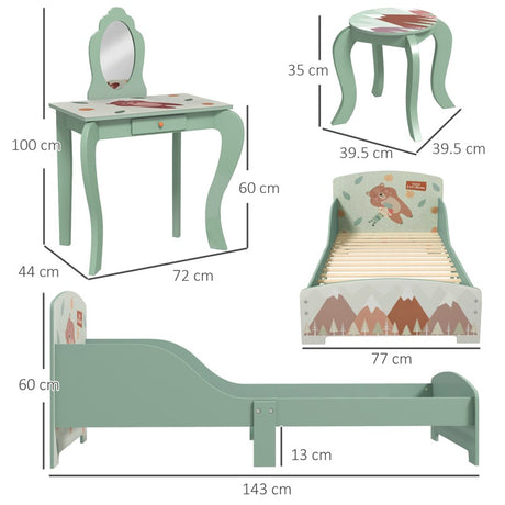 ZONEKIZ Toddler Bed Frame, Kids Dressing Table with Mirror and Stool, Cute Animal Design Kids Bedroom Furniture Set for Ages 3-6 Years, Green