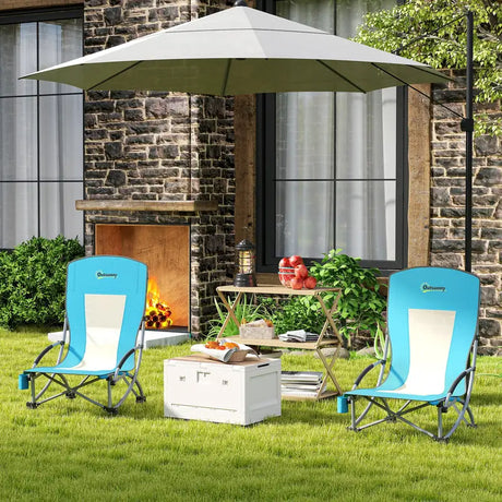 Outsunny Set of 2 Folding Beach Chair, Low Camping Chair with Mesh Back, Carry Bag and Cup Holder for Garden Outdoor Picnic Festival Travel, Blue