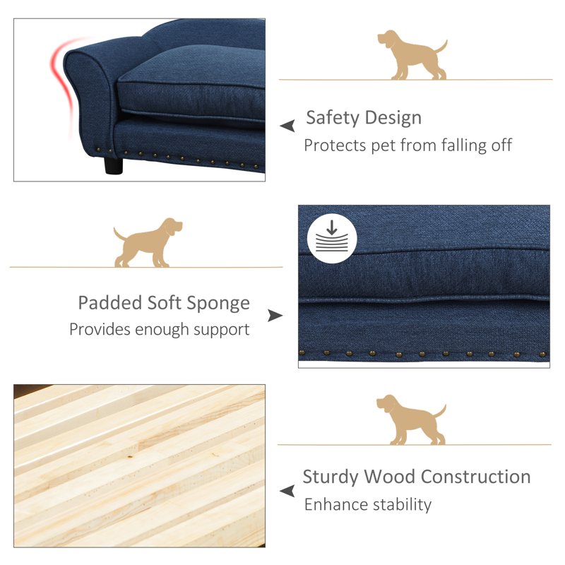 PawHut Dog Sofa for XS and S Size Dogs, Pet Chair Couch with Thick Sponge Padded Cushion, Kitten Lounge Bed with Washable Cover, Wooden Frame - Blue