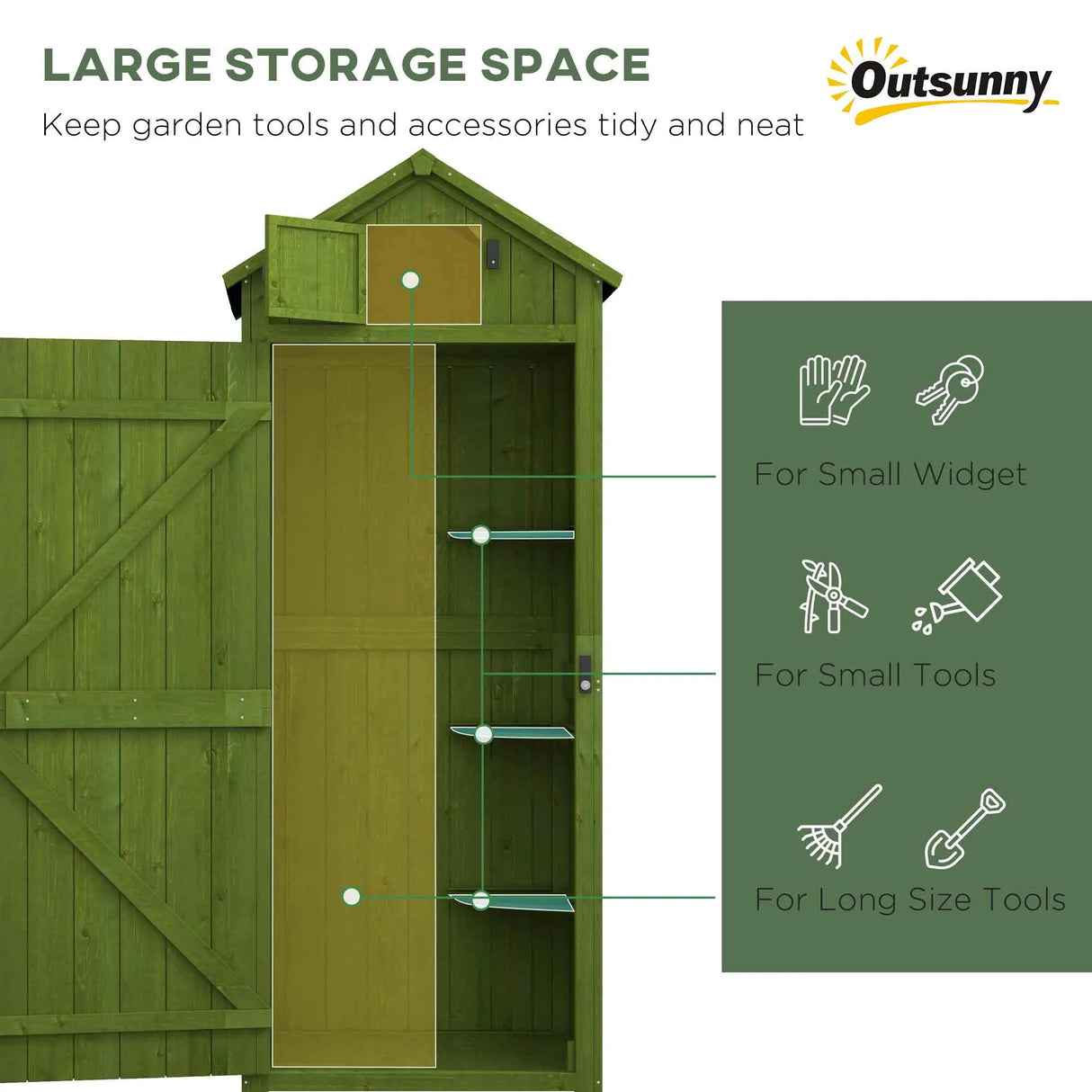 Outsunny Small Shed, Tall Slim Wooden Garden Shed with 3 Removable Shelves and Roof Hatch, Compact Outdoor Tool Storage Cabinet with Asphalt Roof and Door Latch, 77 x 54.2 x 179 cm, Green