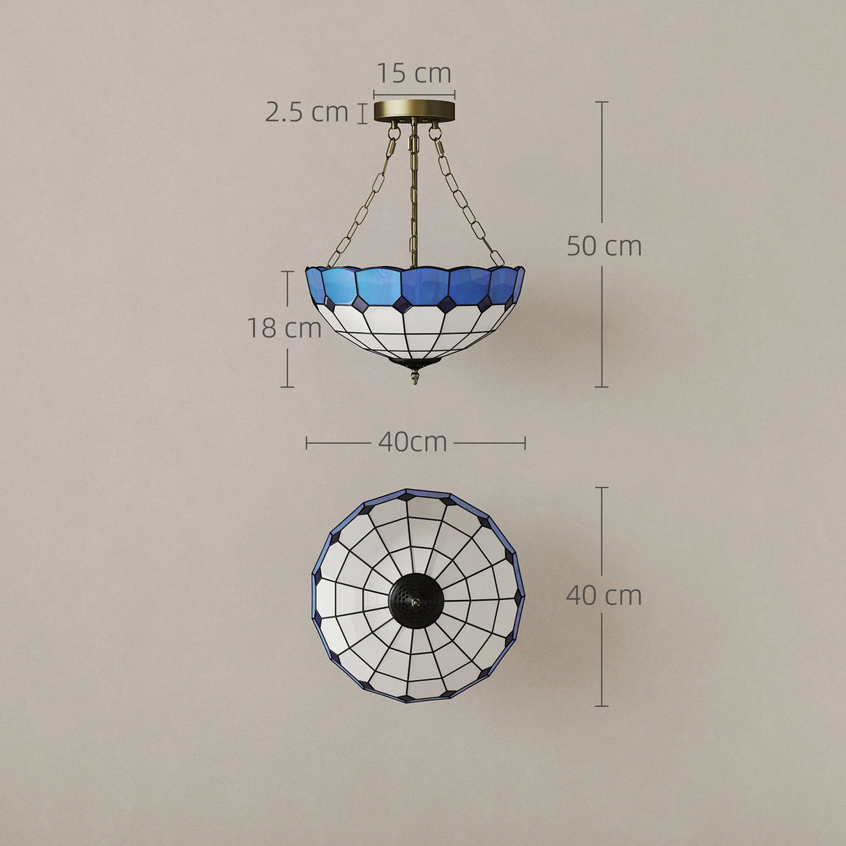 HOMCOM Tiffany Style Ceiling Light, Vintage Chandelier with 3 E27 Sockets, Semi Flush Mount for Living Room, Bulbs Not Included
