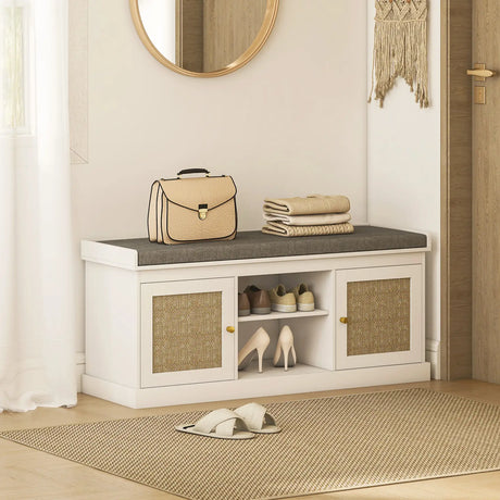 HOMCOM Boho Shoe Storage Bench with Padded Cushion and Rattan Doors - White