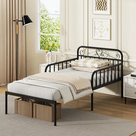 Extendable Metal Daybed with Trundle for Adults-Black