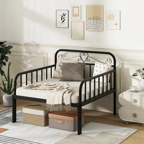 Extendable Metal Daybed with Trundle for Adults-Black