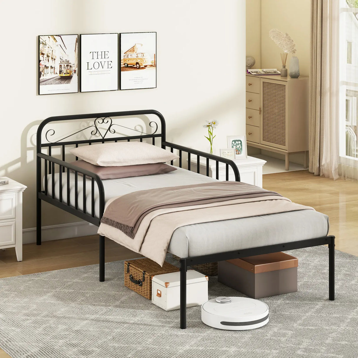 Extendable Metal Daybed with Trundle for Adults-Black