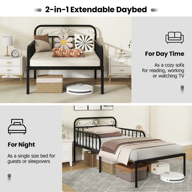 Extendable Metal Daybed with Trundle for Adults-Black