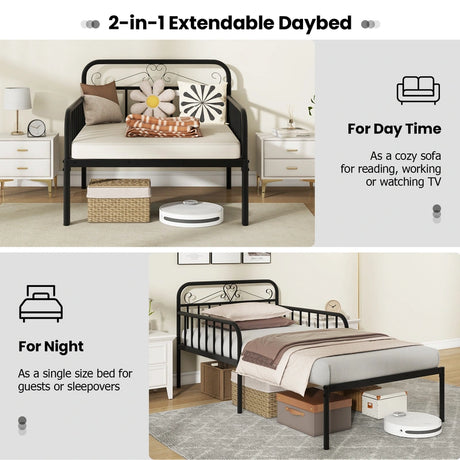 Extendable Metal Daybed with Trundle for Adults-Black