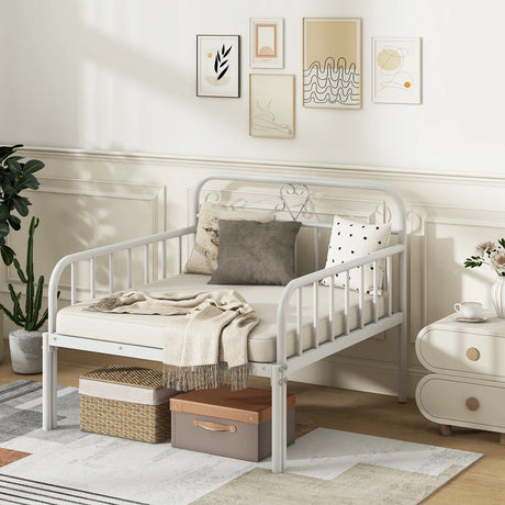 Extendable Metal Daybed with Trundle for Adults-White