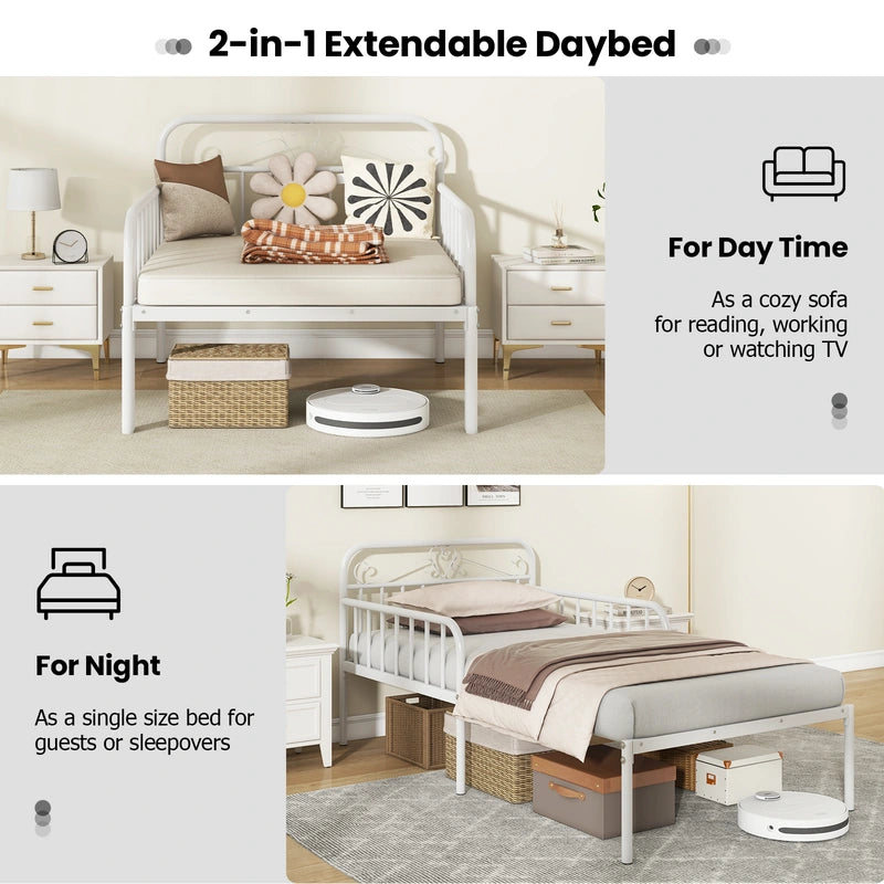 Extendable Metal Daybed with Trundle for Adults-White