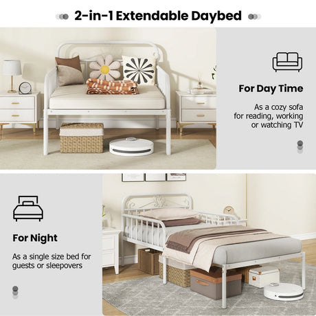 Extendable Metal Daybed with Trundle for Adults-White