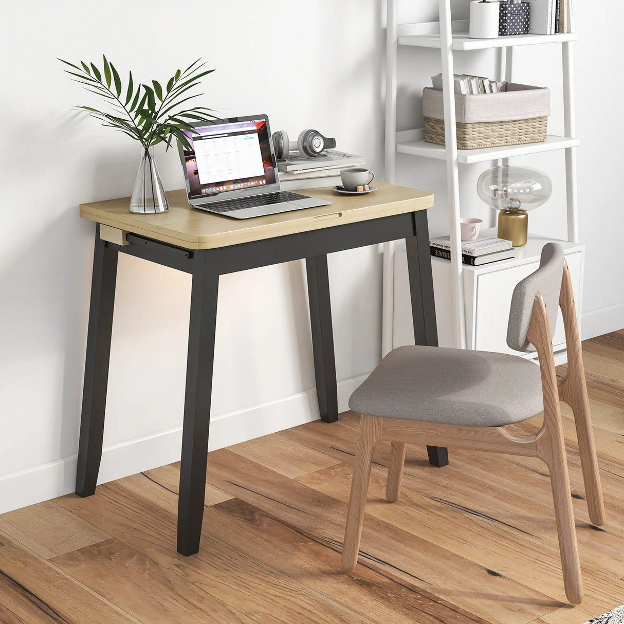 Extendable Dining Table for 4 Folding Kitchen Table with Storage Compartment-Natural