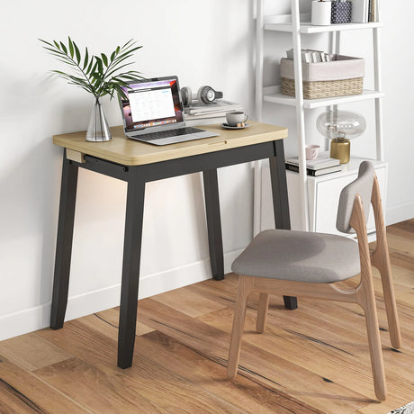 Extendable Dining Table for 4 Folding Kitchen Table with Storage Compartment-Natural
