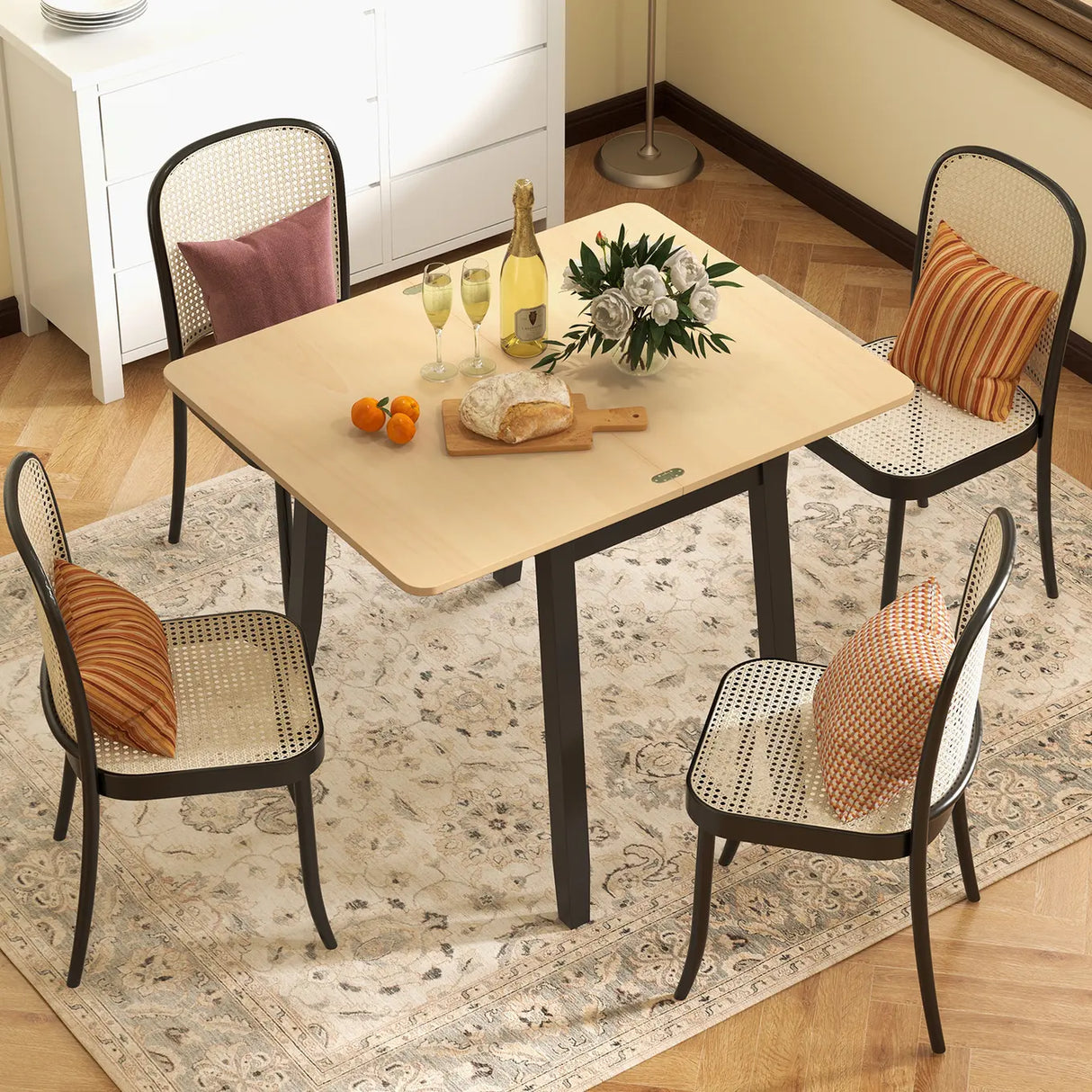 Extendable Dining Table for 4 Folding Kitchen Table with Storage Compartment-Natural