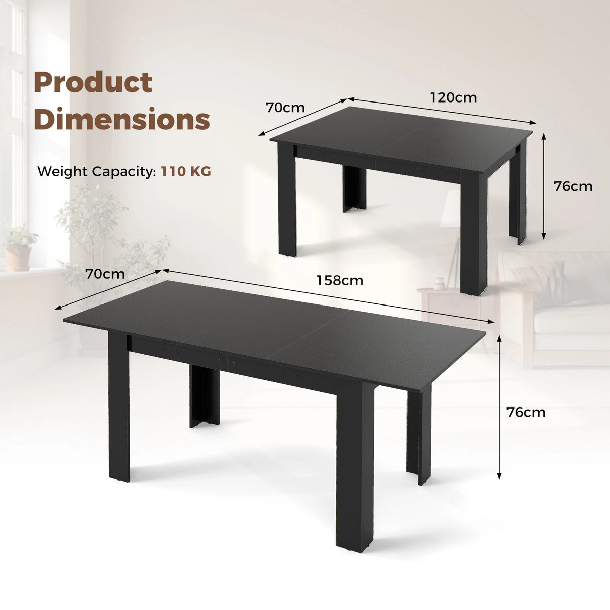 Extendable Dining Table with Adjustable Tabletop-Black