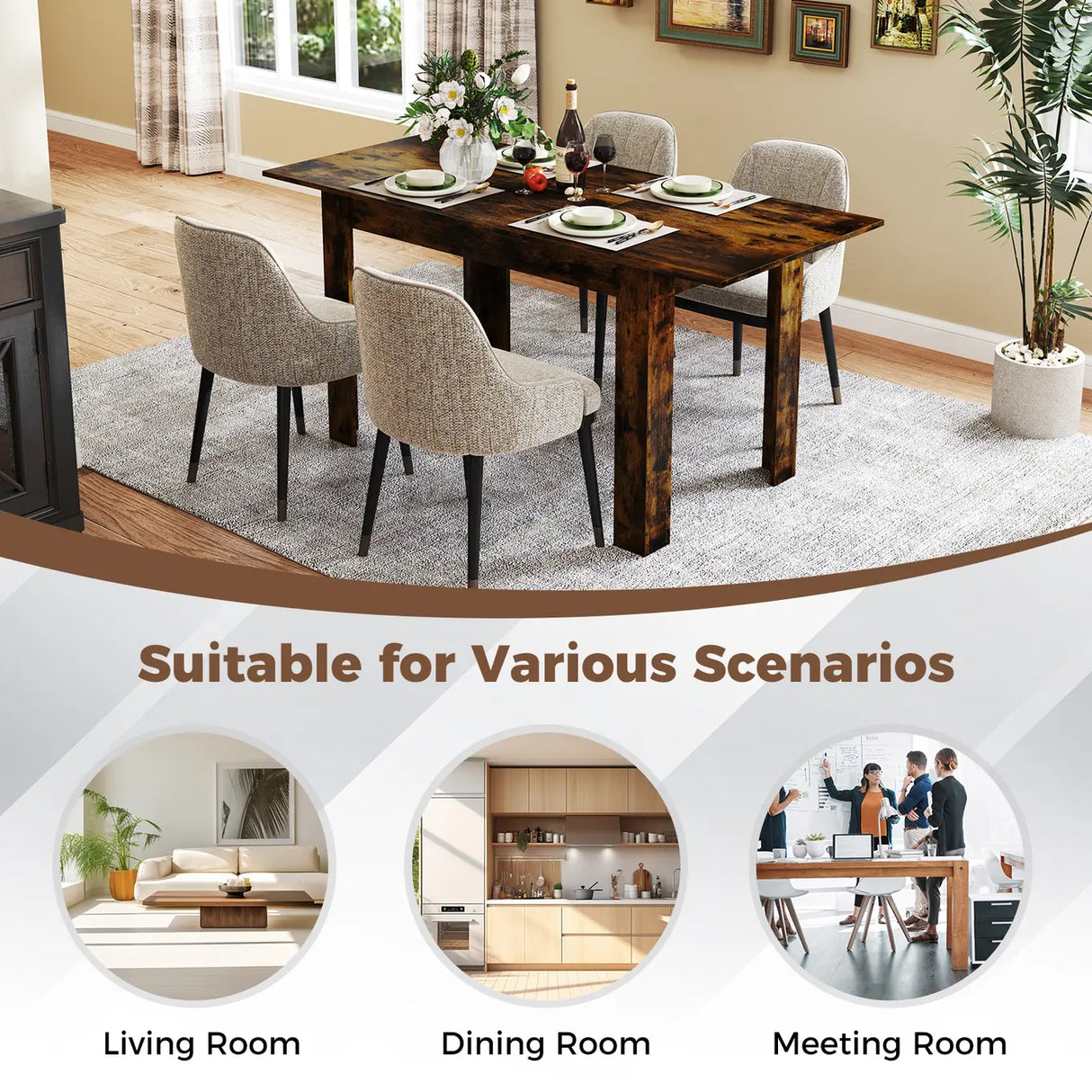 Extendable Dining Table with Adjustable Tabletop-Brown