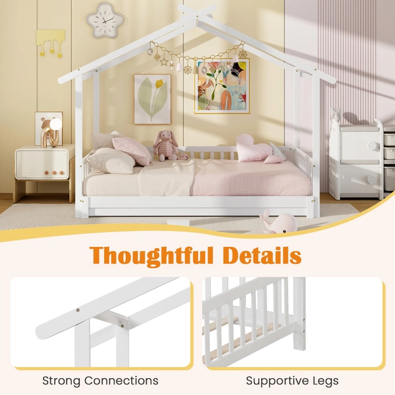 Single to Double Daybed with Safety Guardrail and Roof Frame1-White-Twin size