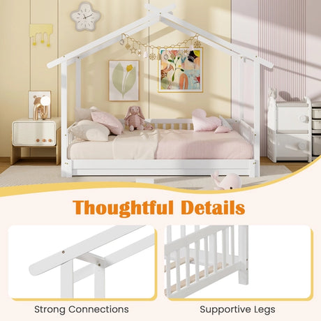 Single to Double Daybed with Safety Guardrail and Roof Frame1-White-Twin size