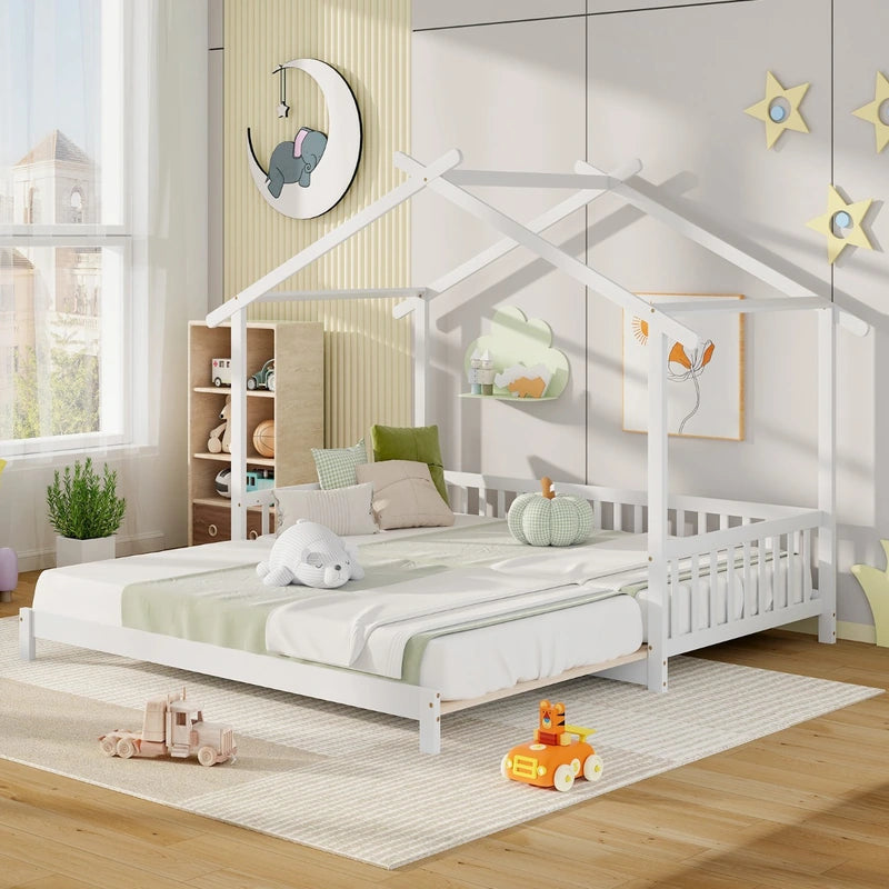 Single to Double Daybed with Safety Guardrail and Roof Frame1-White-Twin size