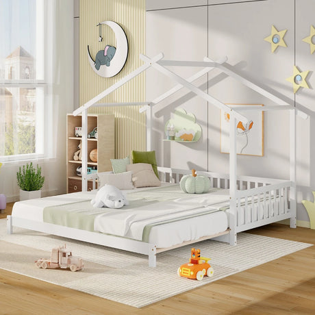 Single to Double Daybed with Safety Guardrail and Roof Frame1-White-Twin size