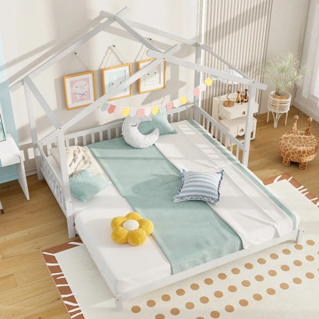 Single to Double Daybed with Safety Guardrail and Roof Frame1-White-Twin size