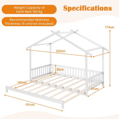 Single to Double Daybed with Safety Guardrail and Roof Frame1-White-Twin size