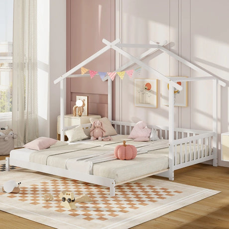 Single to Double Daybed with Safety Guardrail and Roof Frame1-White-Twin size