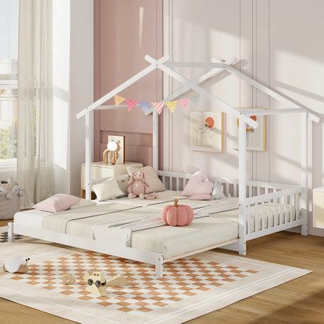 Single to Double Daybed with Safety Guardrail and Roof Frame1-White-Twin size