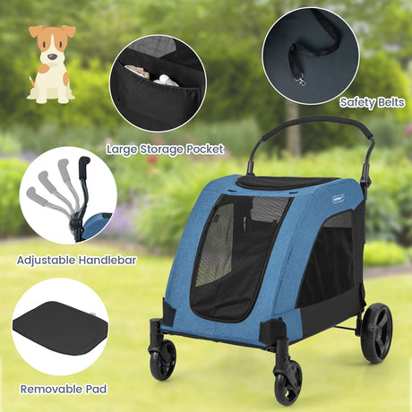 Extra Large Dog Stroller Foldable Pet Stroller with Dual Entry-Blue