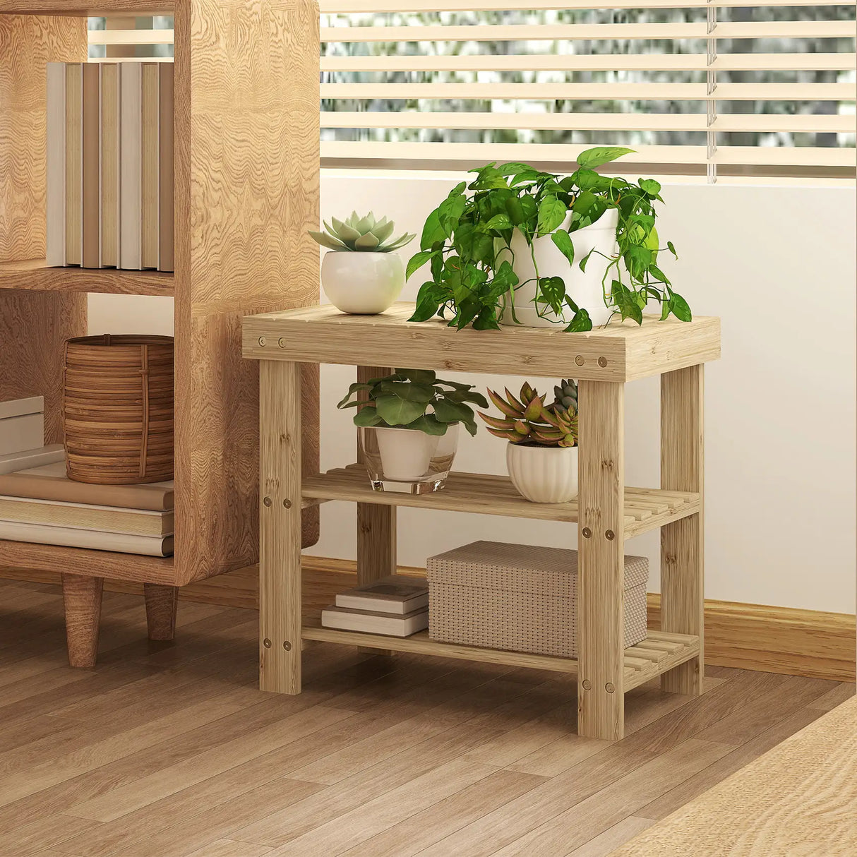 HOMCOM Two Shelf Bamboo Shoe Storage Bench - Natural Finish