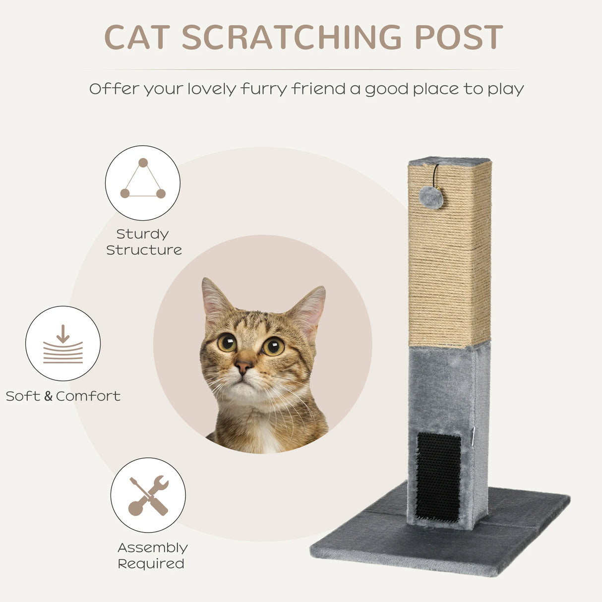 PawHut Cat Tree Scratching Post for Indoor Cats 79cm Jute Scratcher Climber w/ Carpet Base Dangling Toy  Grey