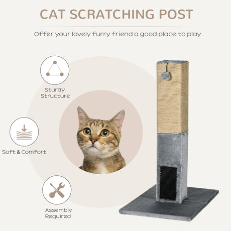 PawHut Cat Tree Scratching Post for Indoor Cats 79cm Jute Scratcher Climber w/ Carpet Base Dangling Toy  Grey