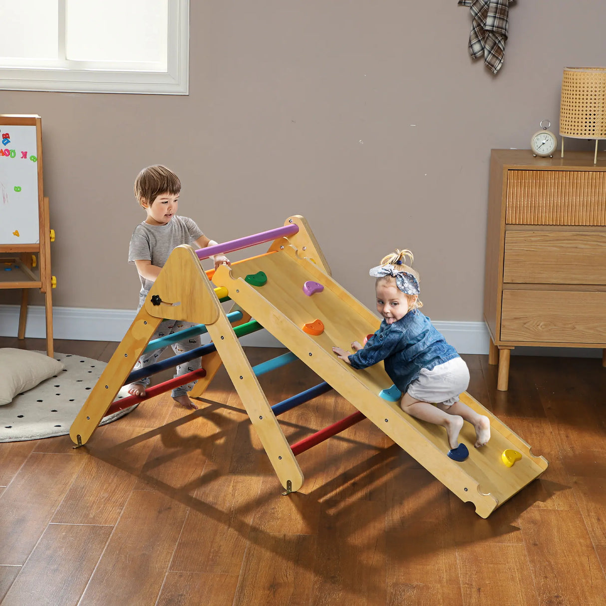AIYAPLAY Toddler Climbing Frame for Kids, with Ramp, 3-in-1 Wooden Pikler Triangle Set for 18-48 Months, Multicolour