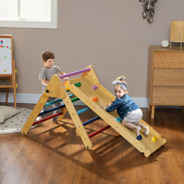 AIYAPLAY Toddler Climbing Frame for Kids, with Ramp, 3-in-1 Wooden Pikler Triangle Set for 18-48 Months, Multicolour