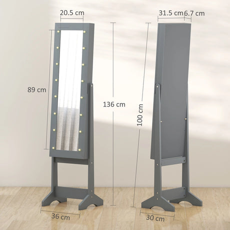 HOMCOM Free Standing Mirror Jewelry Cabinet with LED Lights, Jewellery Organiser with 3 Angle Adjustable, Full-Length Mirror with Storage for Earrings, Necklaces, Rings and Lipsticks, Grey
