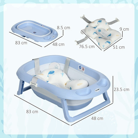 ZONEKIZ Foldable Baby Bathtub, with Non-Slip Support Legs, Cushion Pad, Shower Holder - Blue