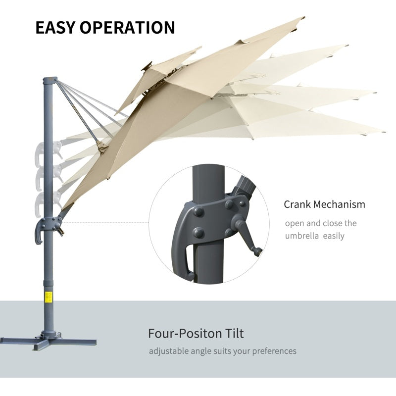 Outsunny 3m Cantilever Parasol w/ Solar Lights Power Bank Base 360° Spin Khaki