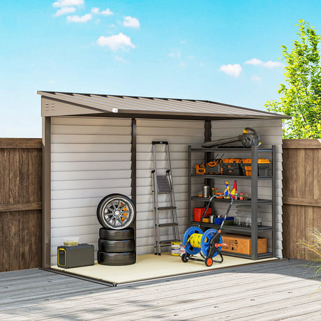 Outsunny 5 x 9ft Galvanised Metal Garden Shed with Foundation Kit, Outdoor Lean-to Shed, Tool Storage House with Lockable Doors, Gloves and 2 Air Vents for Patio, Garden, Brown