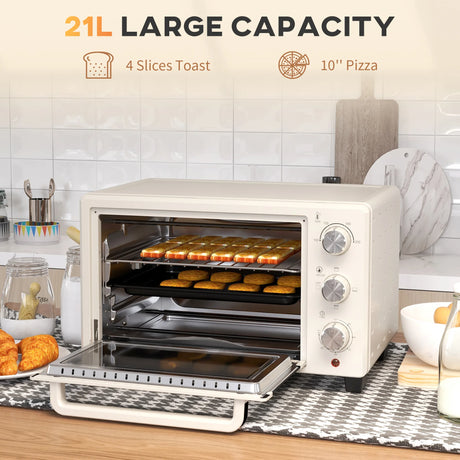 HOMCOM 21L Mini Countertop Oven, 100C-230C Adjustable Temp - White