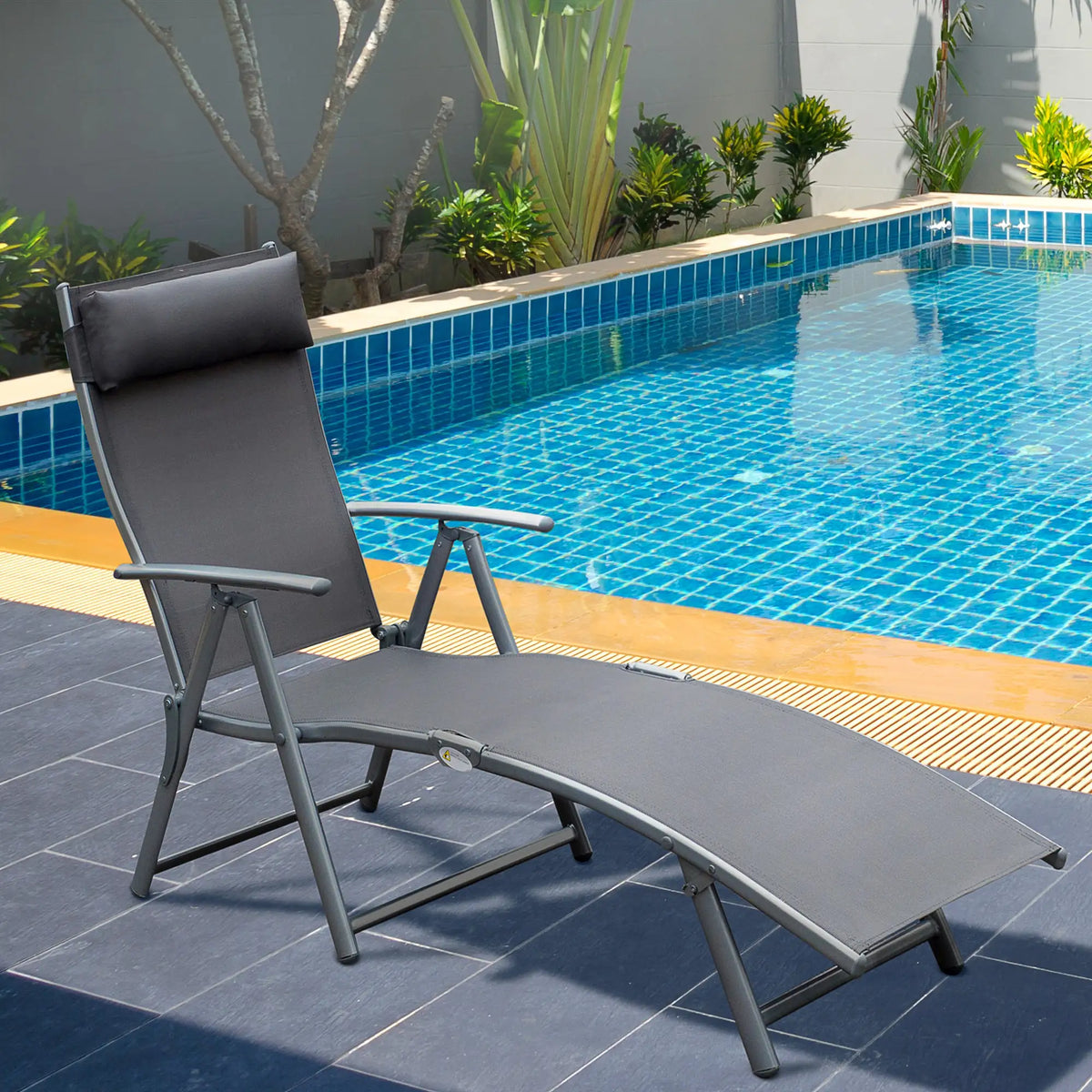 Outsunny Sun Lounger Steel Frame Outdoor Folding Chaise Texteline Lounge Chair Recliner with Headrest & 7 Levels Adjustable Backrest, Grey