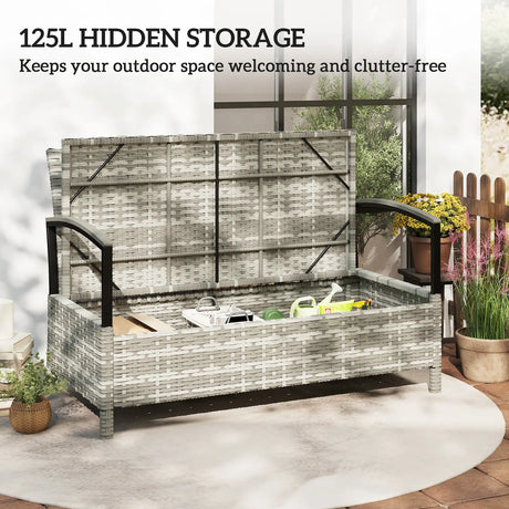 Outsunny 125L Garden Storage Bench, 2 Seater PE Rattan Outdoor Bench Storage Box with Padded Cushion, Dark Grey