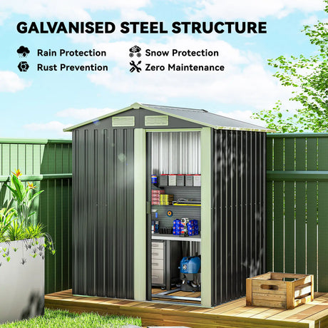 Outsunny Garden Metal Tool Storage Shed with Sliding Door, Sloped Roof and Foundation Kit, 152 x 132 x 188cm, Grey