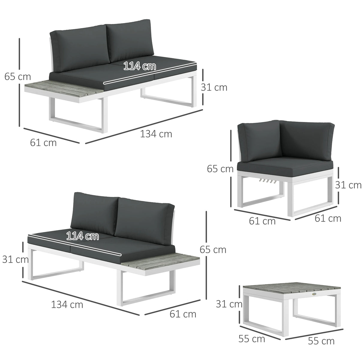 Outsunny 4 Pieces Garden Furniture Set, 5-Level Reclining Garden Corner Sofa Set, Outdoor Lounge Conversation Sectional with Cushions, Wood Effect Plastic Table, White Frame & Grey Cushion