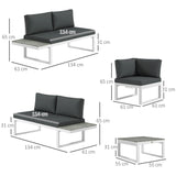 Outsunny 4 Pieces Garden Furniture Set, 5-Level Reclining Garden Corner Sofa Set, Outdoor Lounge Conversation Sectional with Cushions, Wood Effect Plastic Table, White Frame & Grey Cushion