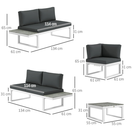 Outsunny 4 Pieces Garden Furniture Set, 5-Level Reclining Garden Corner Sofa Set, Outdoor Lounge Conversation Sectional with Cushions, Wood Effect Plastic Table, White Frame & Grey Cushion