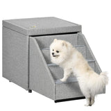 PawHut 2 in 1 Dog Steps Ottoman, Four-Tier Pet Stairs, for Small, Medium Dogs and Cats, with Storage Compartment - Grey