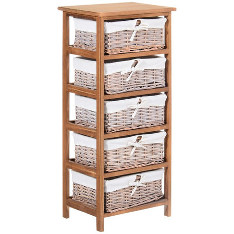 HOMCOM 5 Drawer Dresser Wicker Basket Storage Shelf Unit Wooden Frame Home Organisation Cabinet Bedroom Office Furniture Natural Finish