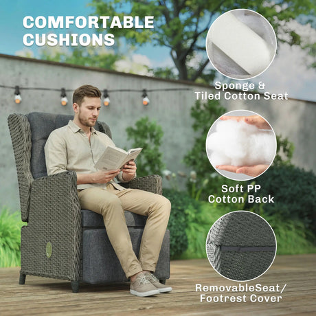 Outsunny Rattan Garden Recliner Chair, Reclining Garden Chair with Adjustable Back and Footrest, Flip Table, Cushion, Dark Grey