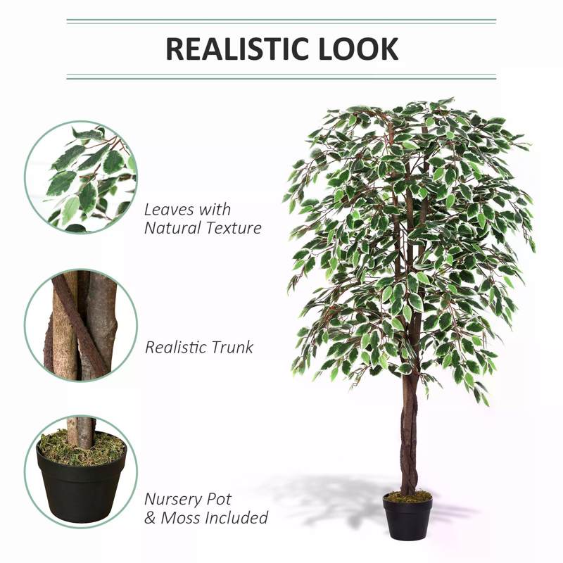 Outsunny 160cm/5.2FT Artificial Ficus Silk Tree with Nursery Pot, Decorative Fake Plant, for Indoor Outdoor Décor