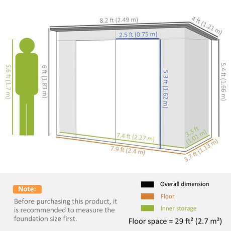 Outsunny 3.7 x 7.9ft Galvanised Steel Shed, with Latched Door and Padlock - Grey