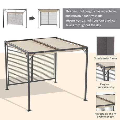 Outsunny 3 x 2.8m Metal Pergola, with Retractable Fabric Roof - Beige